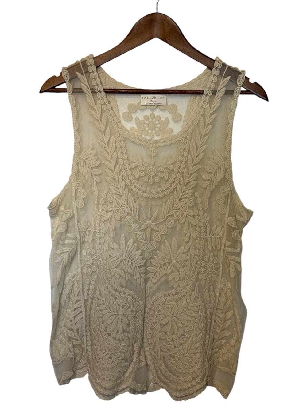 Bobbie Brooks Sheer Crochet-Style Embroidered Tank Blouse Ivory Off White M